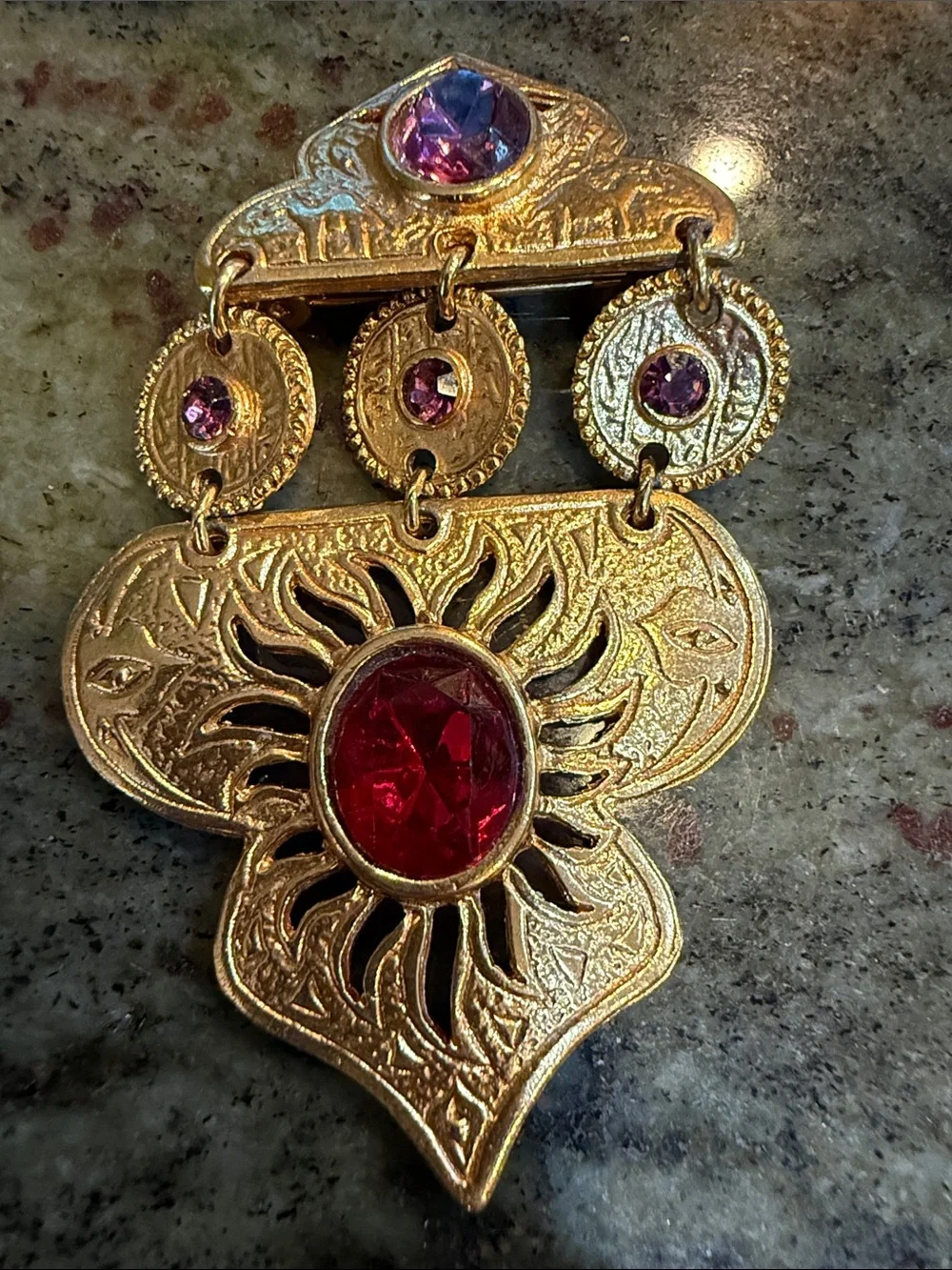 Gold-Tone Pendant with Red and Purple Gem Accents